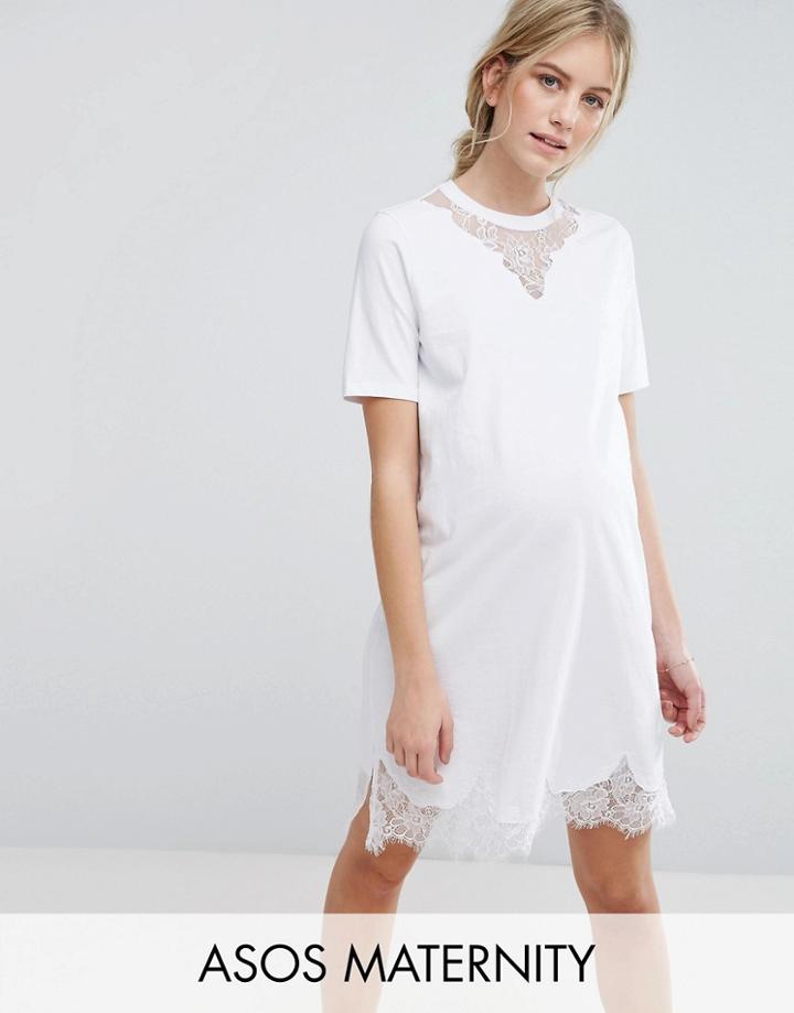 Asos Maternity T-shirt Dress With Lace Inserts - White