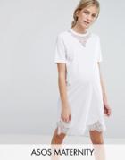 Asos Maternity T-shirt Dress With Lace Inserts - White