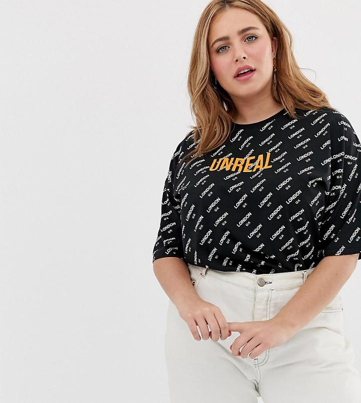 Asos Design Curve Monogram T-shirt With Unreal-multi
