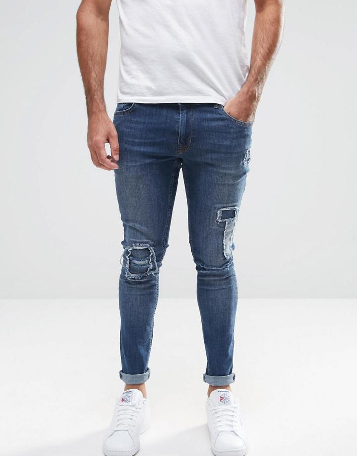 Hoxton Denim Jeans Knee Patches Spray On Jean - Blue