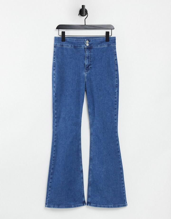 Topshop Three Stretch Flare Jean In Mid Wash Blue-blues