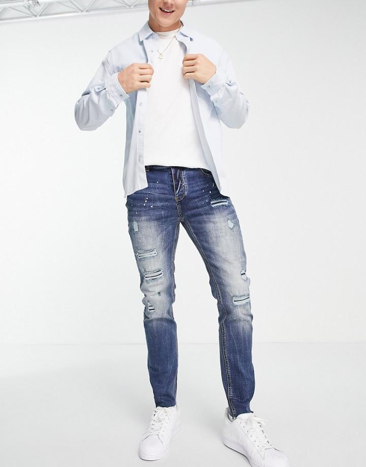Sixth June Skinny Fit Paint Splattered Destroyed Jeans In Blue