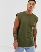Asos Design Oversized Longline Sleeveless T-shirt In Khaki-green