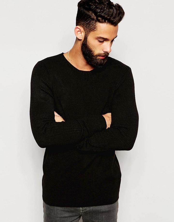Asos Muscle Fit Ribbed Sweater In Black - Black