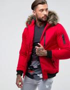 Good For Nothing Bomber Jacket In Red With Faux Fur Hood - Red