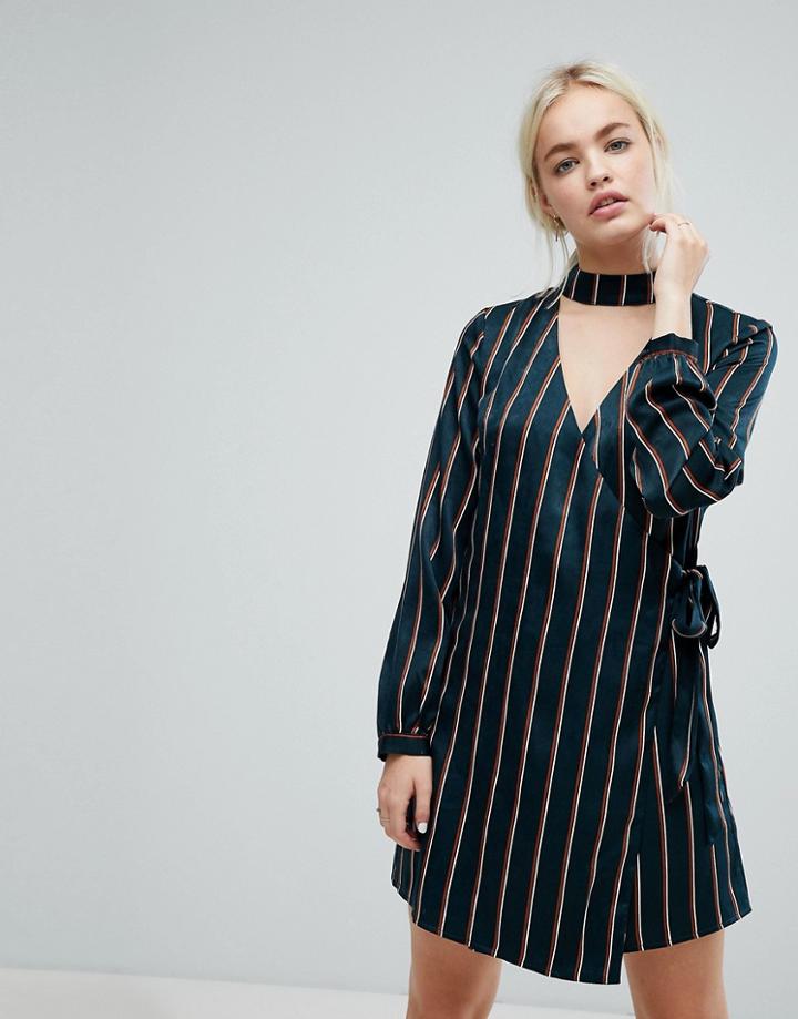 J.o.a Wrap Front Dress With Choker Neck In Satin Fine Stripe - Cream