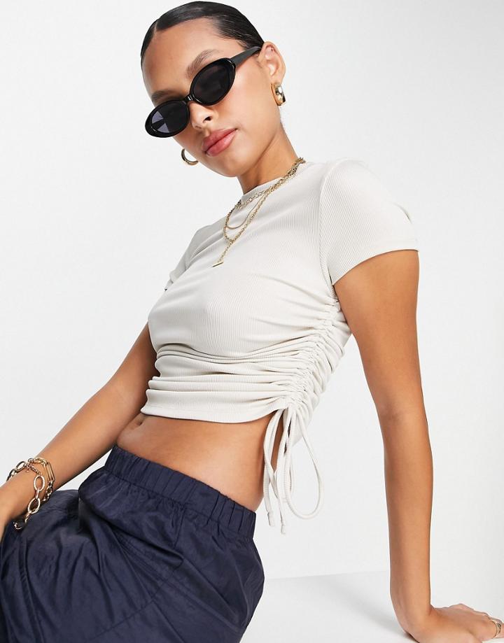 Topshop Premium Longline Basic Ruched Side Tee In Ecru-white