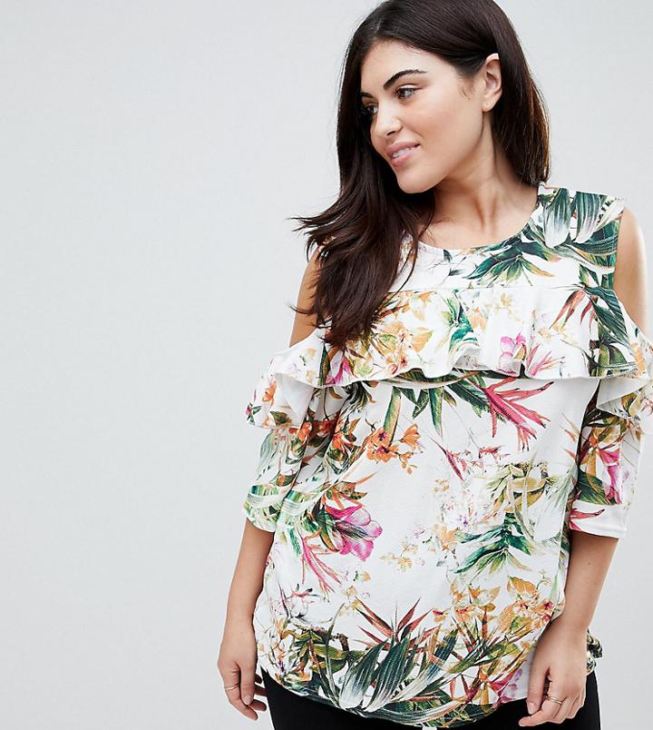 Lovedrobe Cold Shoulder Ruffle Palm Print Blouse - Multi