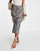 Topshop Ruched Front Satin Snake Midi Skirt In Neutral