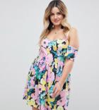 Asos Design Curve Cold Shoulder Floral Print Prom Dress - Multi