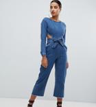 Missguided Cut Out Denim Jumpsuit In Blue - Blue