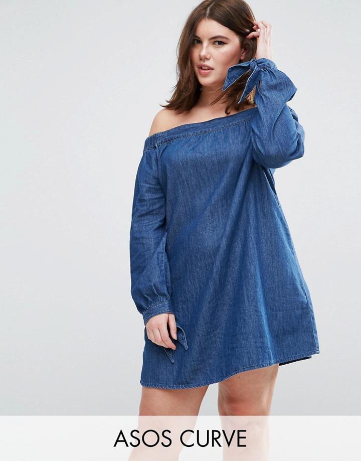 Asos Curve Denim Off Shoulder Dress With Tie Sleeve - Blue