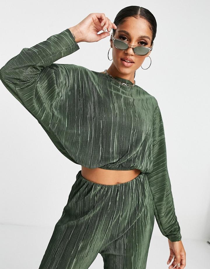 Asos Design Long Sleeve Beach Top In Khaki Plisse - Part Of A Set-green