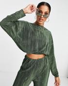 Asos Design Long Sleeve Beach Top In Khaki Plisse - Part Of A Set-green