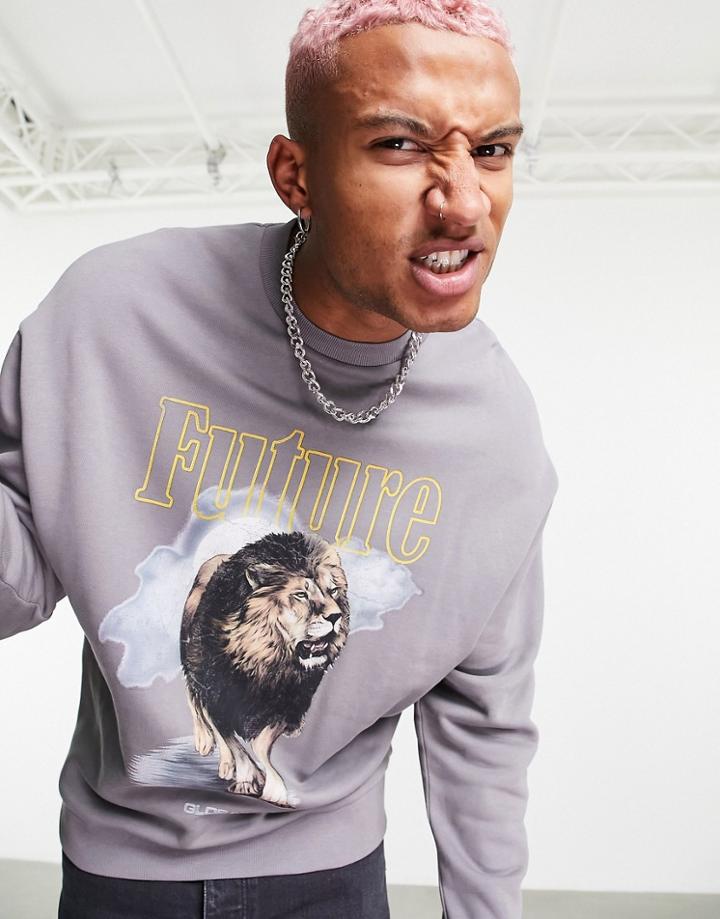 Asos Design Oversized Sweatshirt In Gray With Multi Placement Music Tour Prints - Gray - Gray-grey
