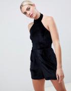 Asos Design Halter Romper In Velvet-black