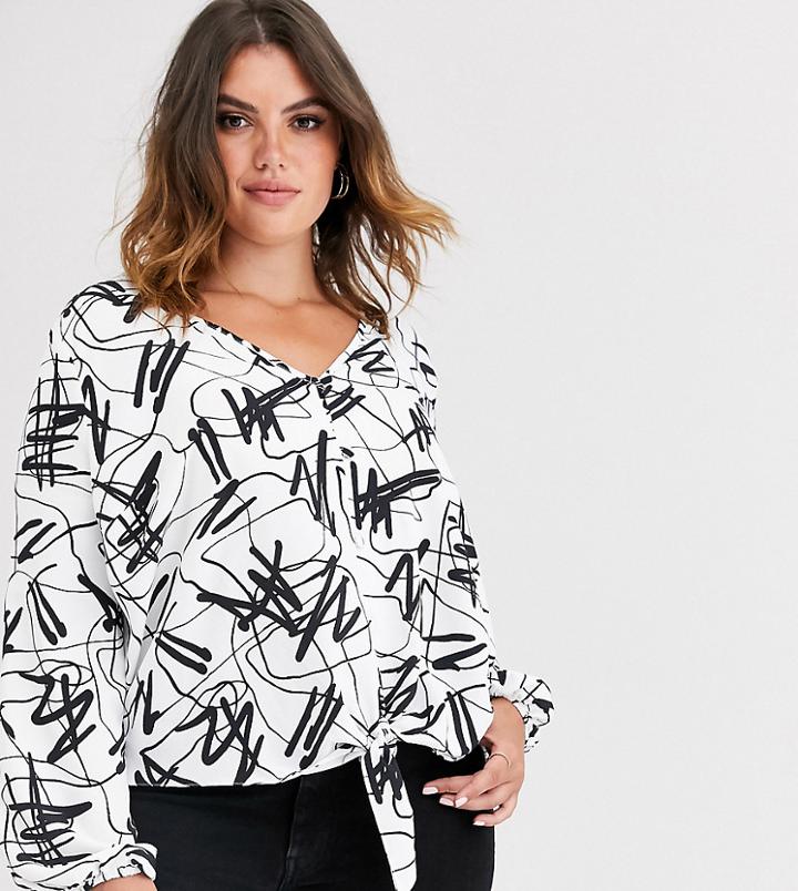 Asos Design Curve Long Sleeve Button Front Top With Tie Front In Abstract Print-no Color