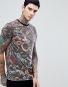 Asos Design Longline T-shirt In Linen Look With Floral Snake Print - Gray