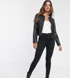 Stradivarius Faux Leather Collarless Biker Jacket In Black