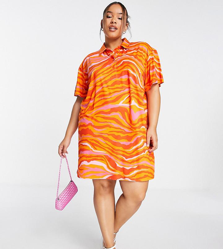 Urban Threads Plus Oversized Polo Dress In Orange Swirl Print