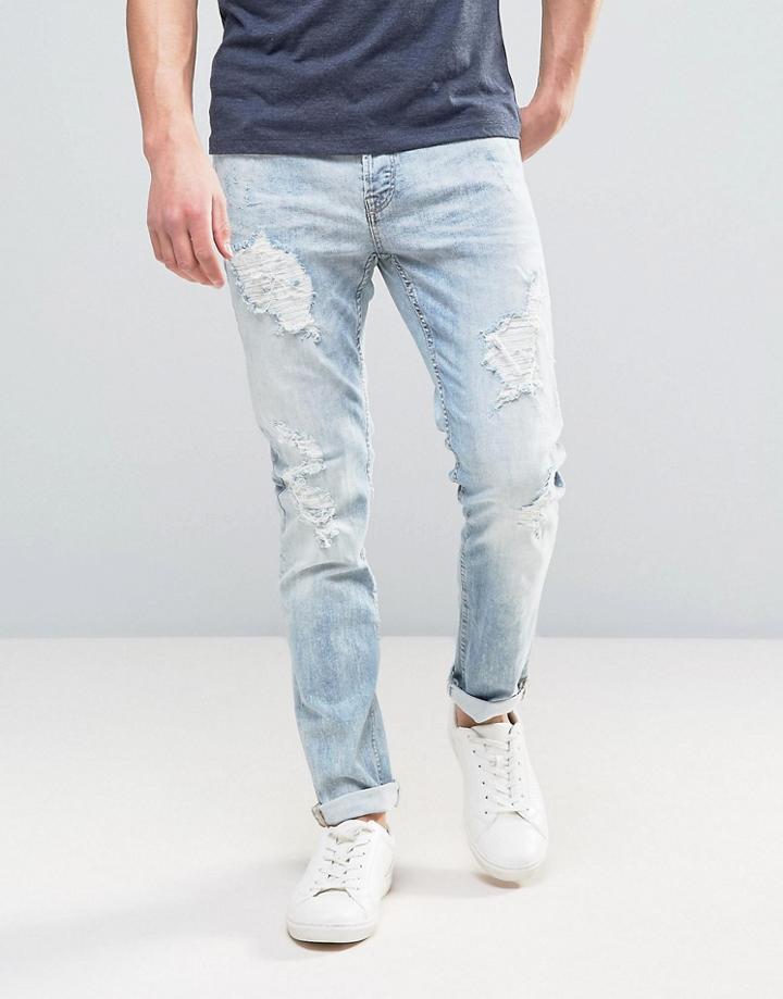 Only & Sons Slim Fit Jeans In Light Denim Heavy Rip Detail - Blue