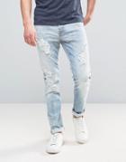 Only & Sons Slim Fit Jeans In Light Denim Heavy Rip Detail - Blue