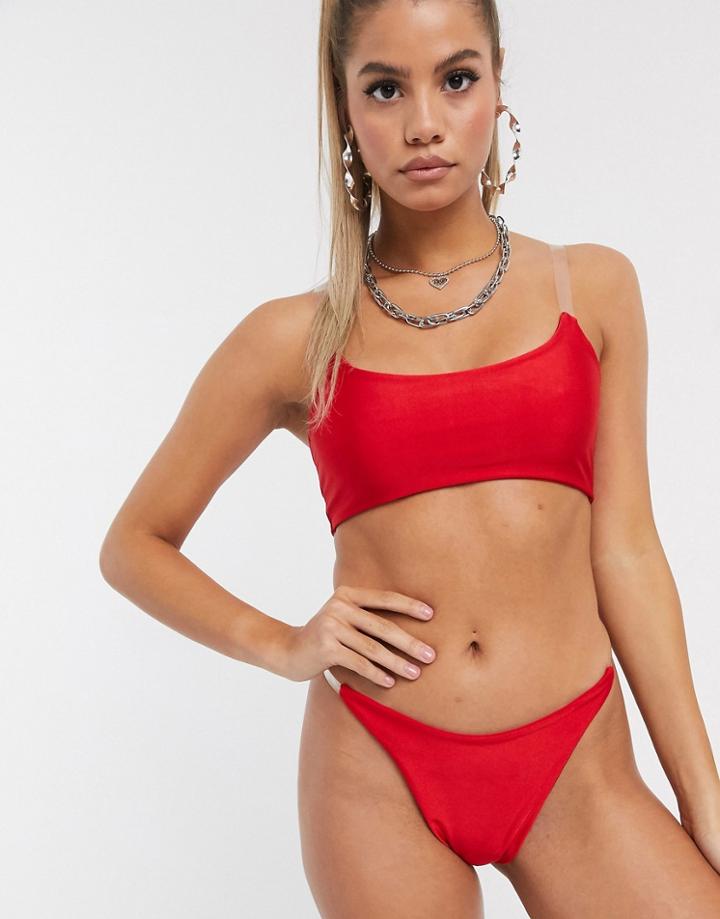 Public Desire High Leg Bikini Bottom With Clear Strap Detail In Red