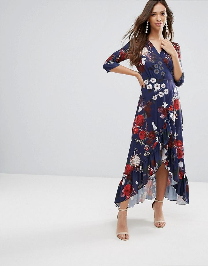 Qed London Wrap Maxi Dress With Ruffle - Navy