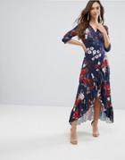 Qed London Wrap Maxi Dress With Ruffle - Navy