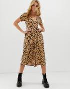 Asos Design Pleated Skirt Midi Dress With Button Detail In Animal Print - Multi