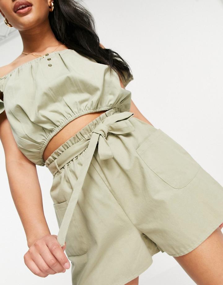 Missguided Matching Shorts With Tie Waist In Khaki-green