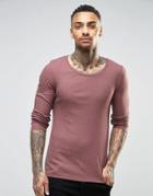 Asos Rib Extreme Muscle Long Sleeve T-shirt With Scoop Neck In Brown - Brown