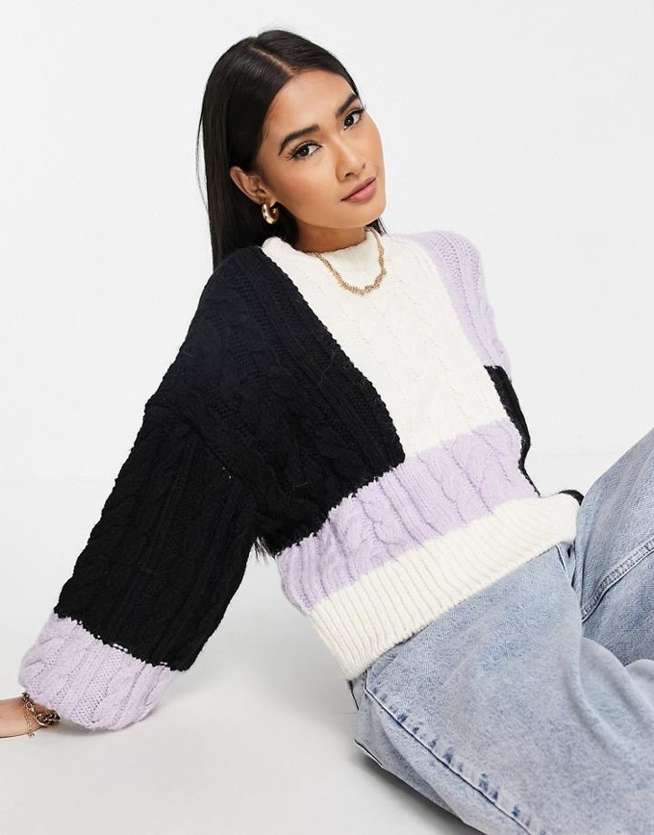 River Island Color Block Cable Knit Sweater In Purple