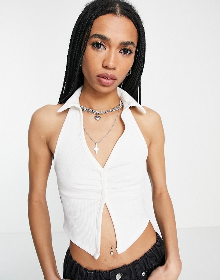 Bershka Collared Button Down Crop Top In Ecru-white
