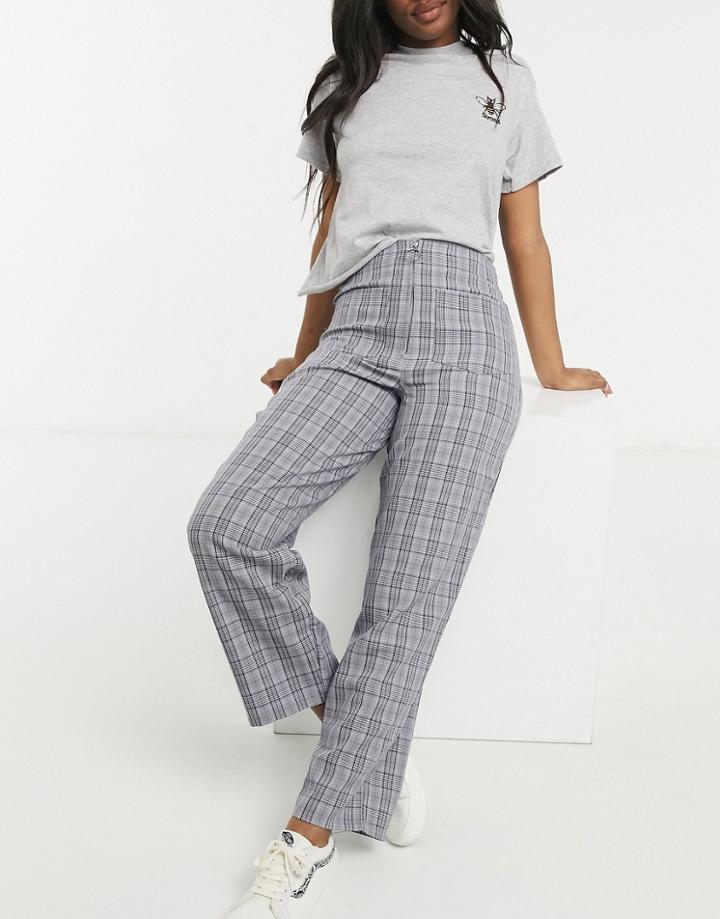 Asos Design Straight Leg Zip Front Pant In Gray Plaid-brown