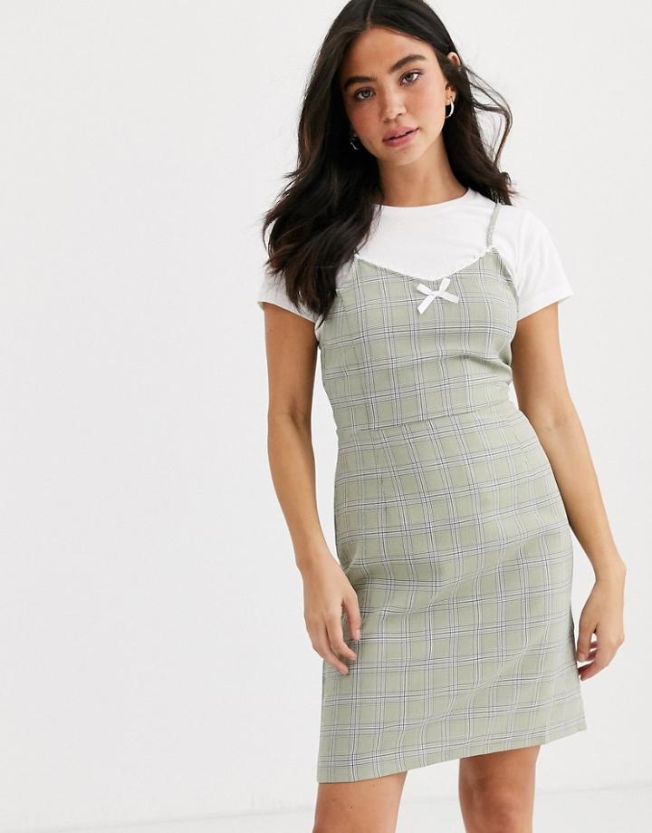 Daisy Street Mini Cami Dress With Frill And Bow Front In Check-green