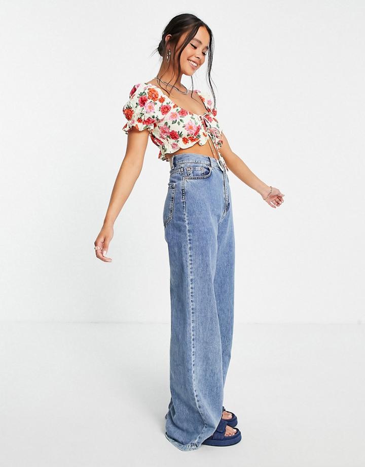 Topshop Rose Print Tie Front Crop Top In Pink