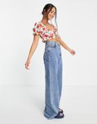 Topshop Rose Print Tie Front Crop Top In Pink