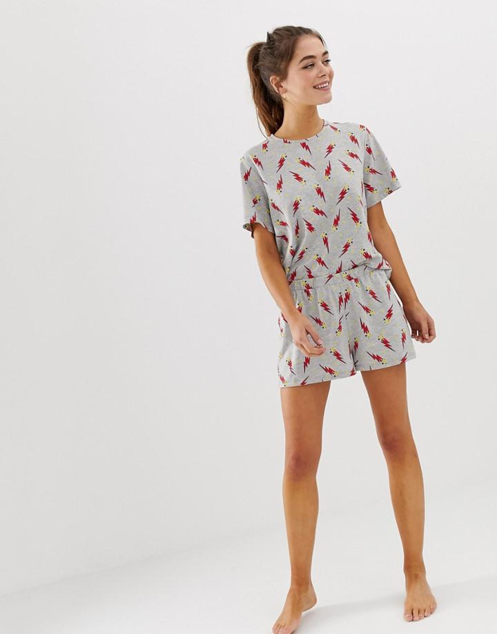 Asos Design Mix & Match Lightening Bolt Pyjama Jersey Shorts - Gray
