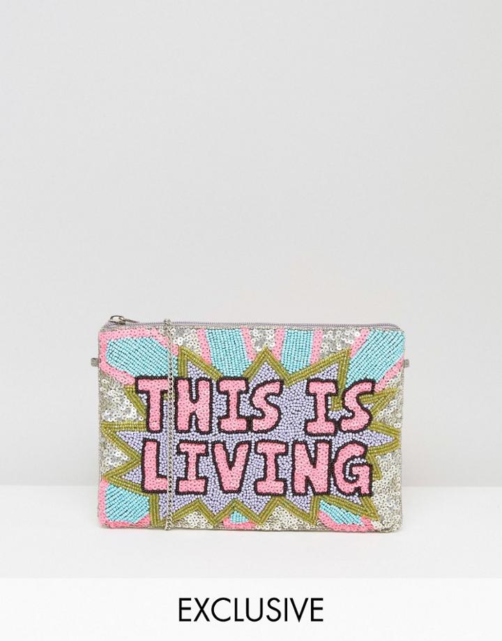 From St Xavier X How To Live Hand Beaded This Is Living Clutch Bag - Pink