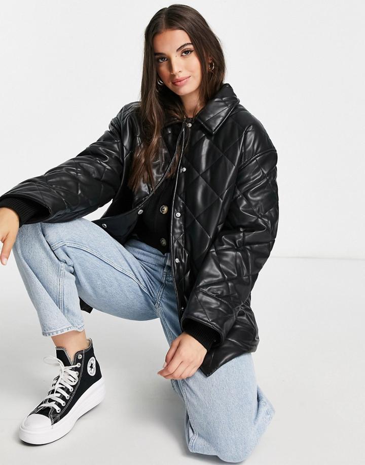 Asos Design Faux Leather Quilted Puffer Jacket In Black - Black