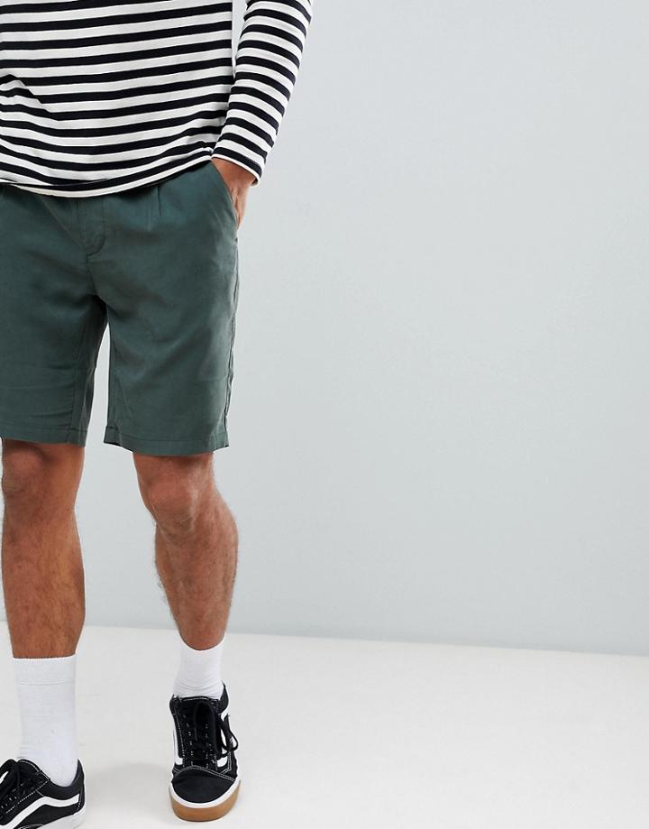 Asos Design Slim Shorts In Dark Green Lyocell With Pleats - Green