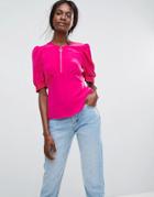 Asos Puff Sleeve Blouse With Hardware Detail - Pink