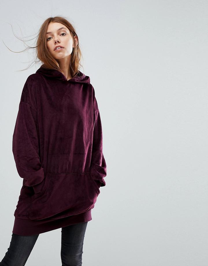 Bershka Velvet Oversized Hooded Sweat - Red