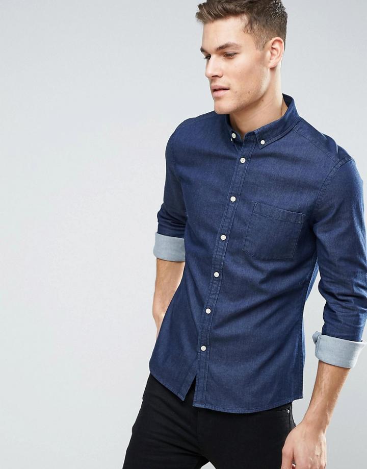 Asos Slim Denim Shirt In Rinse Wash - Navy
