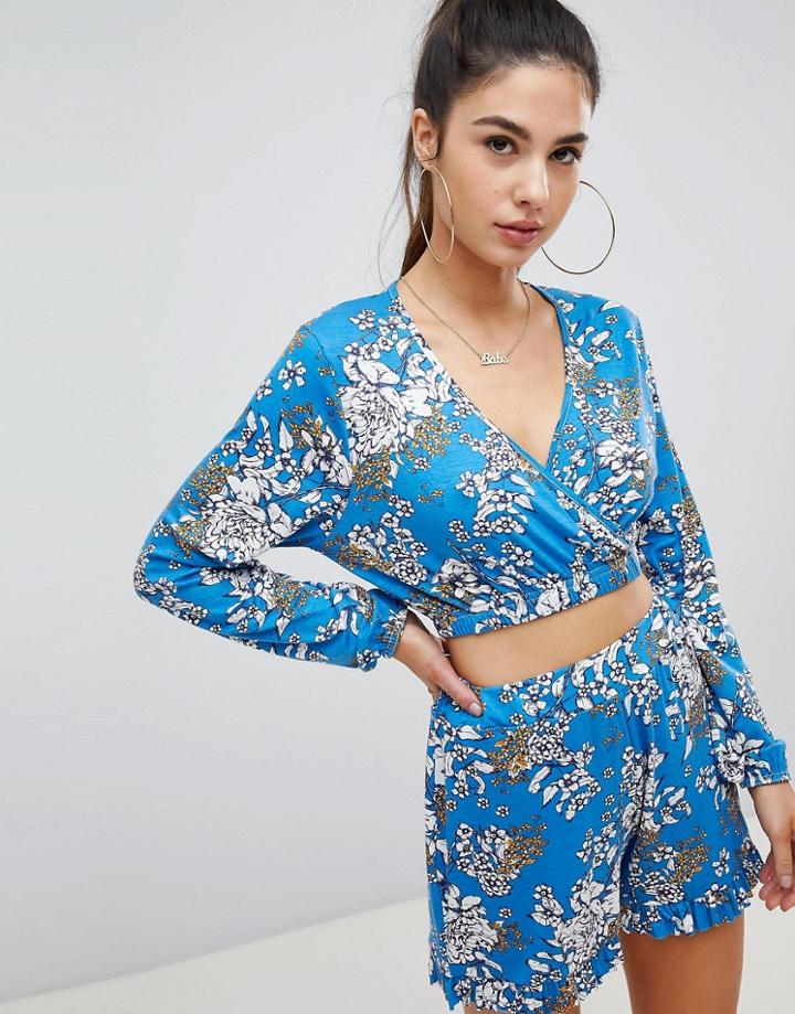 Boohoo Floral Print Jersey Crop Top - Blue