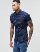 Asos Skinny Short Sleeve Shirt With Aztec Print In Navy - Navy