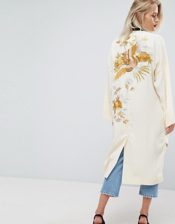 Asos Premium Kimono Duster Jacket With Bird Embroidery And Contrast Collar - White