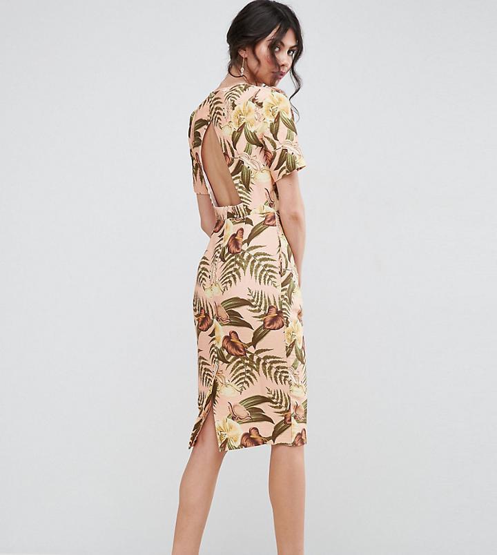 Asos Tall Wiggle Midi Dress With Open Back In Tropical Print - Multi