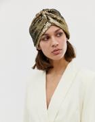 Asos Design Knot Front Hat In Gold Sequin - Gold